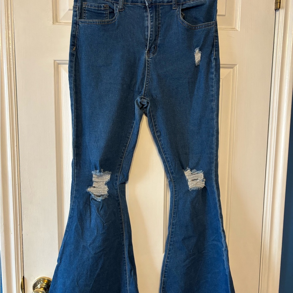 SHEIN Blue Flare Wide Leg Jeans with Distressed Details